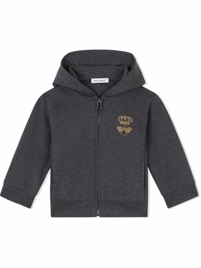 Shop Dolce & Gabbana Bee-embroidered Zipped Hoodie In Grey