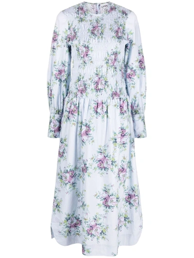 Ganni + Net Sustain Shirred Floral-print Organic Cotton-poplin Midi Dress  In Heather | ModeSens