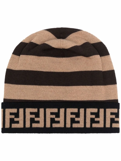 Shop Fendi Ff-motif Pequin-stripe Knitted Beanie In Brown