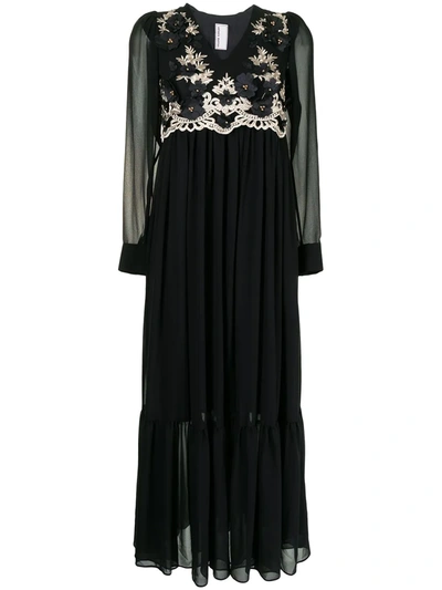 Shop Antonio Marras Floral-embroidered Long-sleeve Midi Dress In 黑色