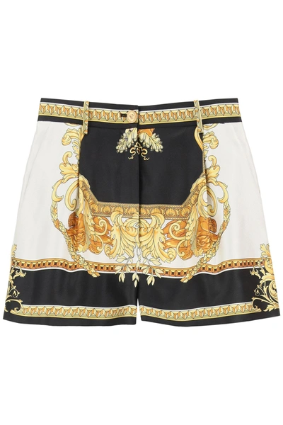 Shop Versace Silk Shorts With Renaissance Medusa Print In Nero/oro/bianco
