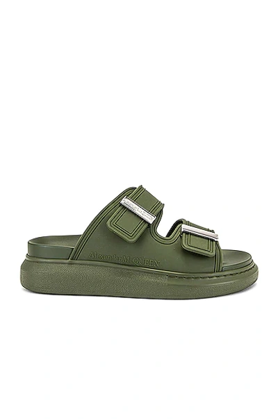 Shop Alexander Mcqueen Fabric Upper And Rubber Slides In Khaki & Silver