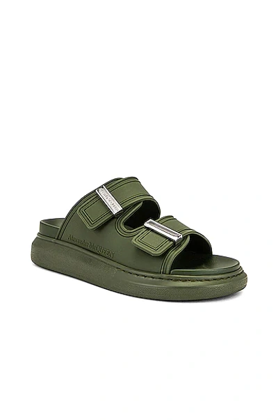 Shop Alexander Mcqueen Fabric Upper And Rubber Slides In Khaki & Silver