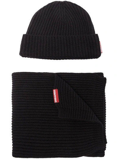 Shop Dsquared2 Knitted Beanie Hat And Scarf Set In Black