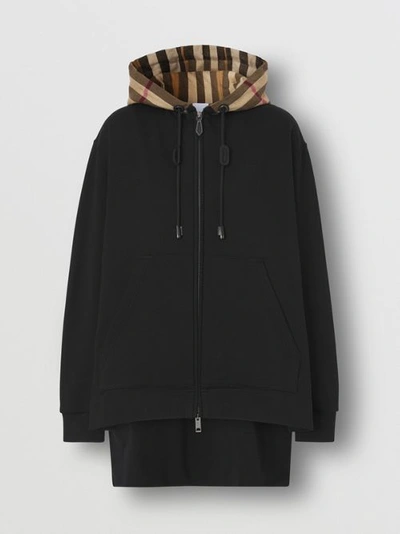 Shop Burberry Check Hood Cotton Oversized Zip Hoodie In Black