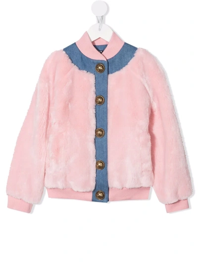 Shop Balmain Faux-fur Two-tone Bomber Jacket In Pink