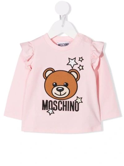 Shop Moschino Teddy Bear-print Ruffled-trim T-shirt In 粉色