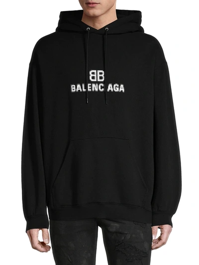 Shop Balenciaga Men's Monogram Logo Cotton Hoodie In Black White