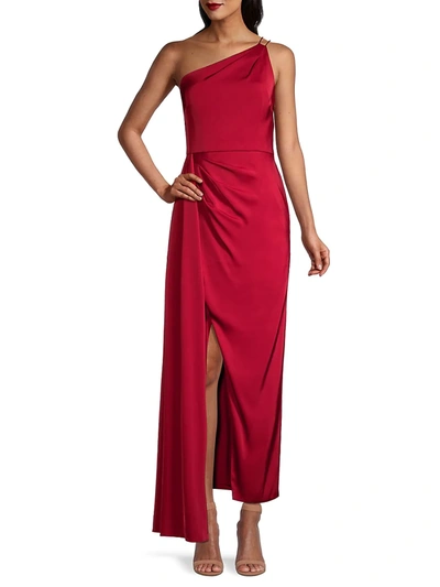 Shop Aidan Mattox Draped Satin One-shoulder Gown In Holly Berry