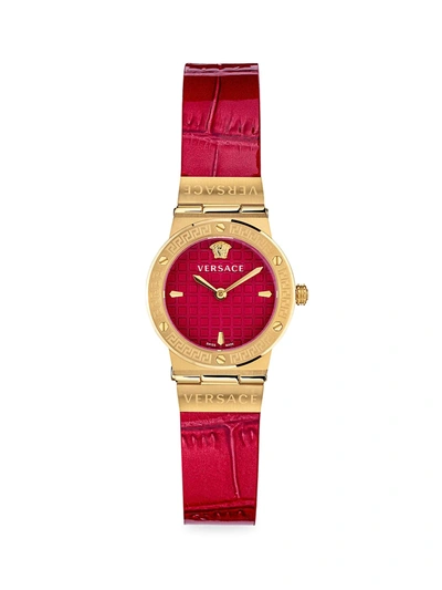 Shop Versace Greca Logo Mini Ip Yellow Gold Leather Strap Watch In Red