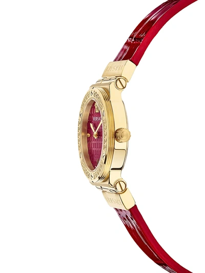 Shop Versace Greca Logo Mini Ip Yellow Gold Leather Strap Watch In Red