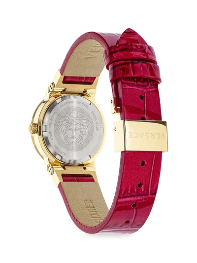 Shop Versace Greca Logo Mini Ip Yellow Gold Leather Strap Watch In Red