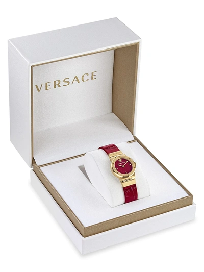 Shop Versace Greca Logo Mini Ip Yellow Gold Leather Strap Watch In Red