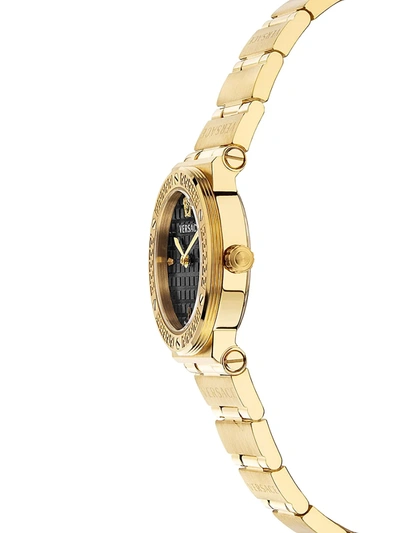 Shop Versace Greca Logo Mini Ip Yellow Gold Bracelet Watch In Black