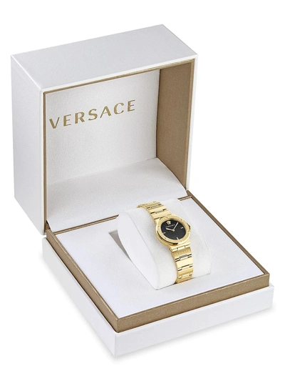 Shop Versace Greca Logo Mini Ip Yellow Gold Bracelet Watch In Black