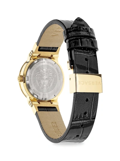 Shop Versace Greca Logo Mini Ip Yellow Gold Leather Strap Watch In Black