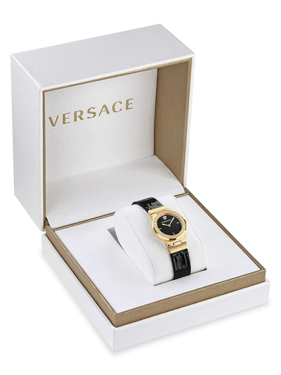 Shop Versace Greca Logo Mini Ip Yellow Gold Leather Strap Watch In Black