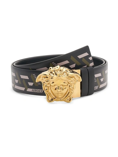 Shop Versace Men's Medusa-buckle Logo Belt In Black Kaki  Gold
