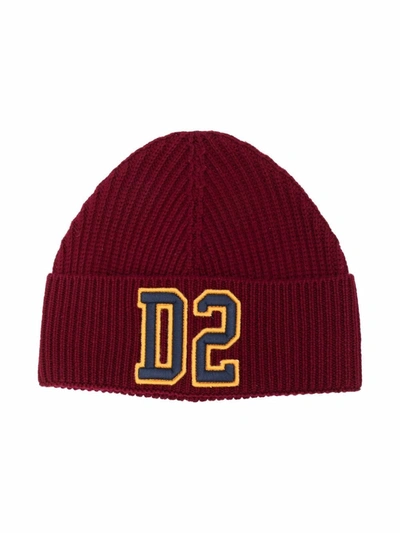 Shop Dsquared2 Embroidered Logo Knitted Beanie In Red