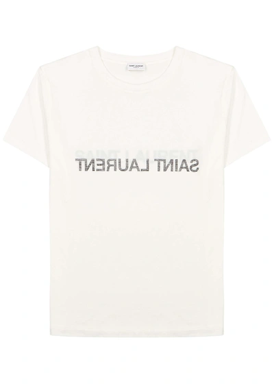 Shop Saint Laurent White Logo-print Cotton T-shirt In White And Black