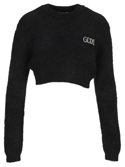Shop Gcds Crystal Logo Crop Sweater In Black