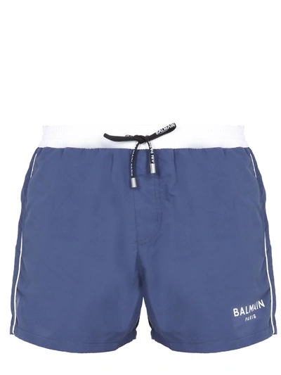 Shop Balmain Swimsuit With Logo Print In Blu