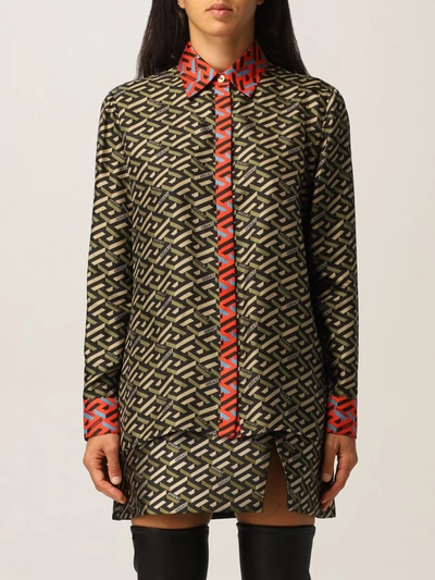 Shop Versace Shirt  Silk Shirt With Greek Print In Military