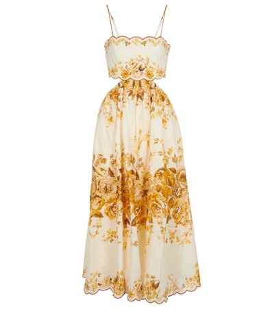 Shop Zimmermann Aliane Floral Linen Midi Dress In Yellow