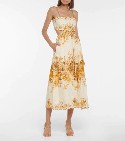 Shop Zimmermann Aliane Floral Linen Midi Dress In Yellow