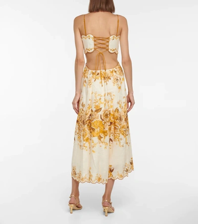 Shop Zimmermann Aliane Floral Linen Midi Dress In Yellow