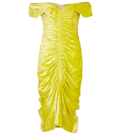 Shop Bottega Veneta Off-shoulder Stretch-velvet Midi Dress In Yellow