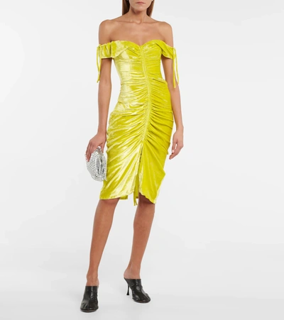 Shop Bottega Veneta Off-shoulder Stretch-velvet Midi Dress In Yellow