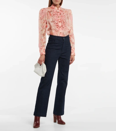 Shop Zimmermann Concert Printed Linen And Silk Blouse In Pink