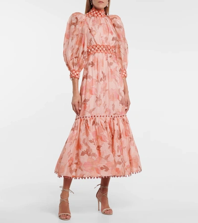 Shop Zimmermann Concert Floral Linen And Silk Gown In Pink