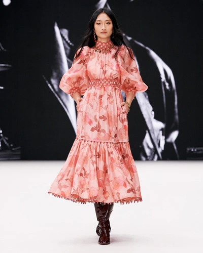 Shop Zimmermann Concert Floral Linen And Silk Gown In Pink