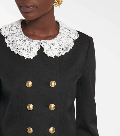 Shop Saint Laurent Lace-trimmed Cropped Virgin Wool Jacket In Black