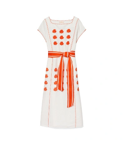 Shop Tory Burch Embroidered Midi Dress In New Ivory/poppy Red