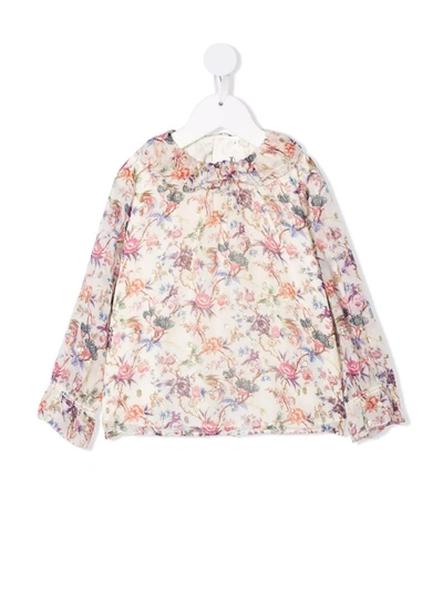 Shop Bonpoint Floral-print Ruffled-collar Blouse In White