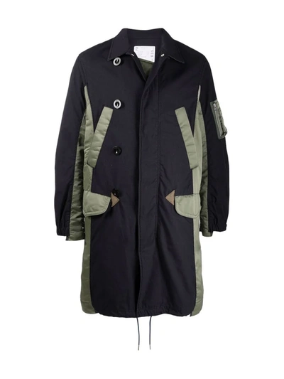Shop Sacai Two-tone Ruched Coat In Blue