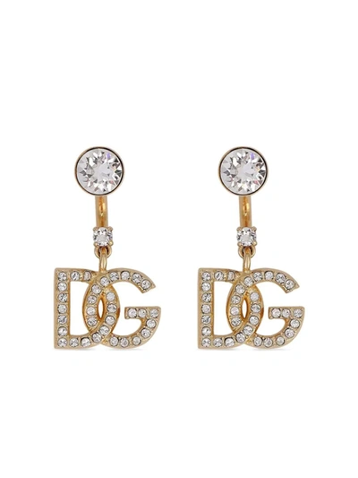 Shop Dolce & Gabbana Crystal-embellished Logo Drop Earrings In Gold
