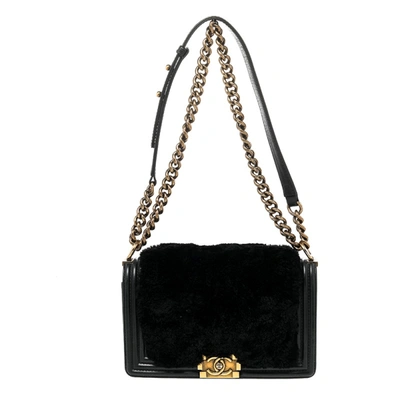 Chanel Lapin Fur Gold Chain Shoulder Bag Purse Black White Coco
