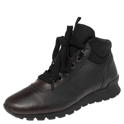 Pre-owned Prada Dark Brown Leather High Top Sneakers Size 42.5