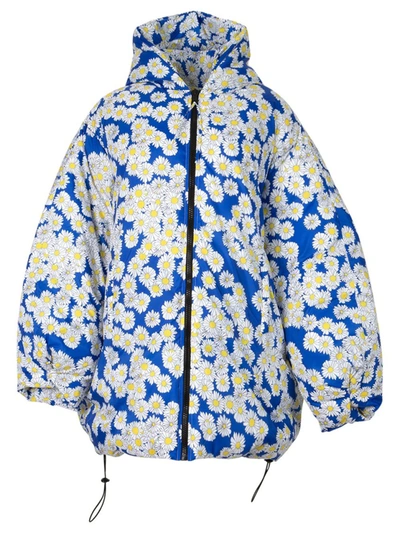 Shop Natasha Zinko Daisy Print Zipped Padded Hooded Jacket Blue