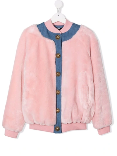 Shop Balmain Teen Faux-fur Buttoned Bomber Jacket In Pink