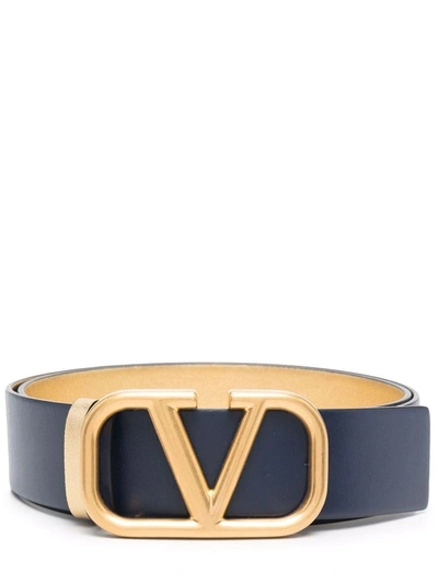 Shop Valentino Blue Reversible Vlogo Signature Belt In Glossy Calfskin 40 Mm