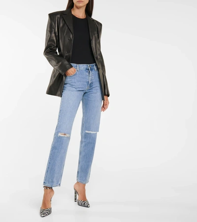 Shop Helmut Lang Distressed High-rise Straight Jeans In Blue