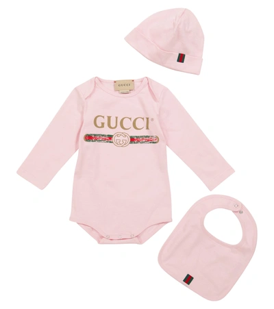 Shop Gucci Baby Logo Cotton Bodysuit, Hat And Bib Set In Pink