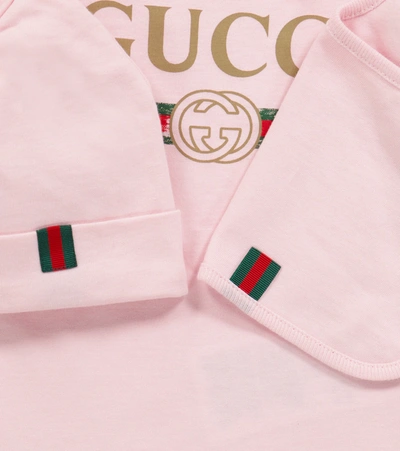 Shop Gucci Baby Logo Cotton Bodysuit, Hat And Bib Set In Pink
