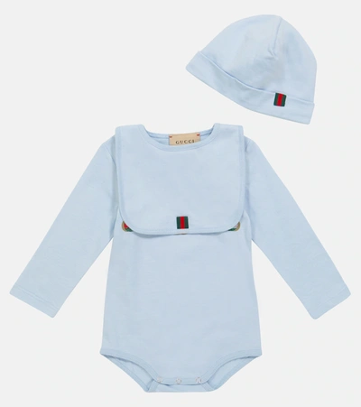 Shop Gucci Baby Logo Cotton Bodysuit, Hat And Bib Set In Blue