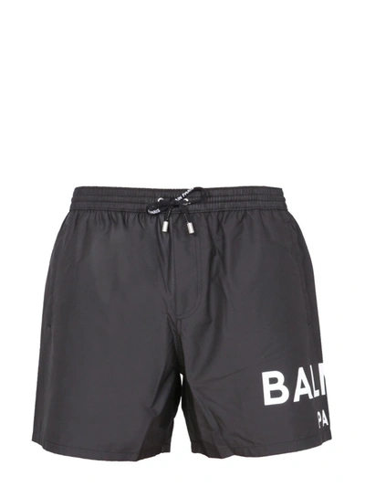 Shop Balmain Logo Print Swim Shorts In Black